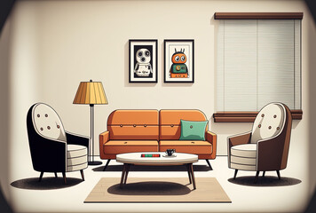 Leather couches and leather chairs are shown in a minimalist living room with a white wall. Generative AI