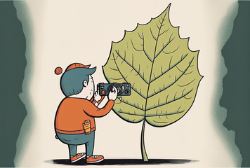 Vertical image shows a person using a cellphone camera to take a picture of a leaf. Generative AI