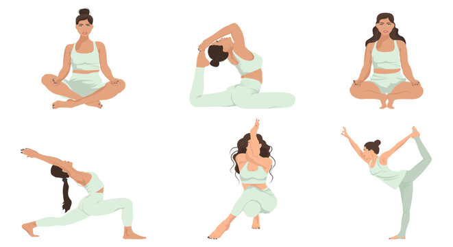 Woman practicing yoga, set of different poses. Healthy lifestyle. Illustration in flat style.