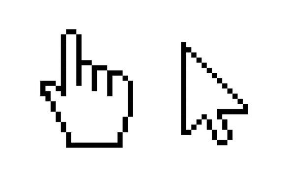 Pixel Cursor Arrow and Hand Click. Vector 