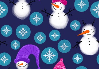 Obraz premium Winter seamless snowman and snowflakes pattern for Christmas wrapping paper and kids notebooks