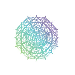 Round gradient mandala on white isolated background. Vector boho mandala in green and pink colors. Mandala with floral pattern. Yoga Templates