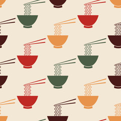 Seamless pattern with bowl of noodles and chopsticks