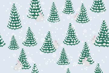 Winter forest - cartoon Christmas trees, rabbits and snow, seamless vector pattern