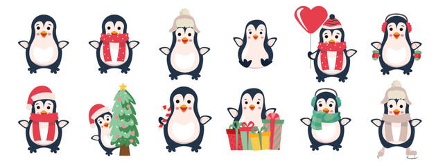 Vector penguins cartoon vector illustration. christmas penguin characters