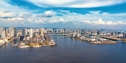 Aerial view of Odaiba Harbor in Minato City, Tokyo, Japan