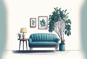 Empty living room with a blue sofa, plants, and a table against a background of an empty white wall. Generative AI