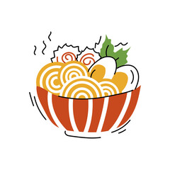 Asian food rame. Korean or Japanese traditional cuisine. Hot noodle with egg and vegetables in bowl. Isolated vector illustration in hand drawn style