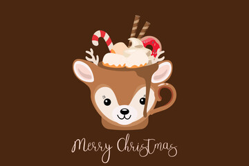 Vector christmas cup with deer and sweets. vector holiday card with coffee cup, christmas ornaments