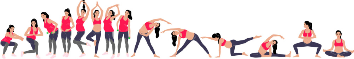 Fototapeta premium Hand-drawn set of a pregnant woman doing exercise wearing leggings and a top. Vector flat style illustration isolated on white. Full-length view 