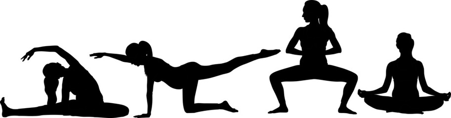 Fototapeta premium Silhouette set of a pregnant woman doing exercise wearing leggings and a top. Vector flat style illustration isolated on white. Full-length view 