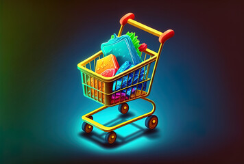 Digital art non fungible token inside of a shopping cart illustration copy space. Generative AI