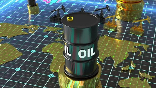 The concept of falling oil prices, falling stock market, falling barrels of oil on the background of the stock market chart