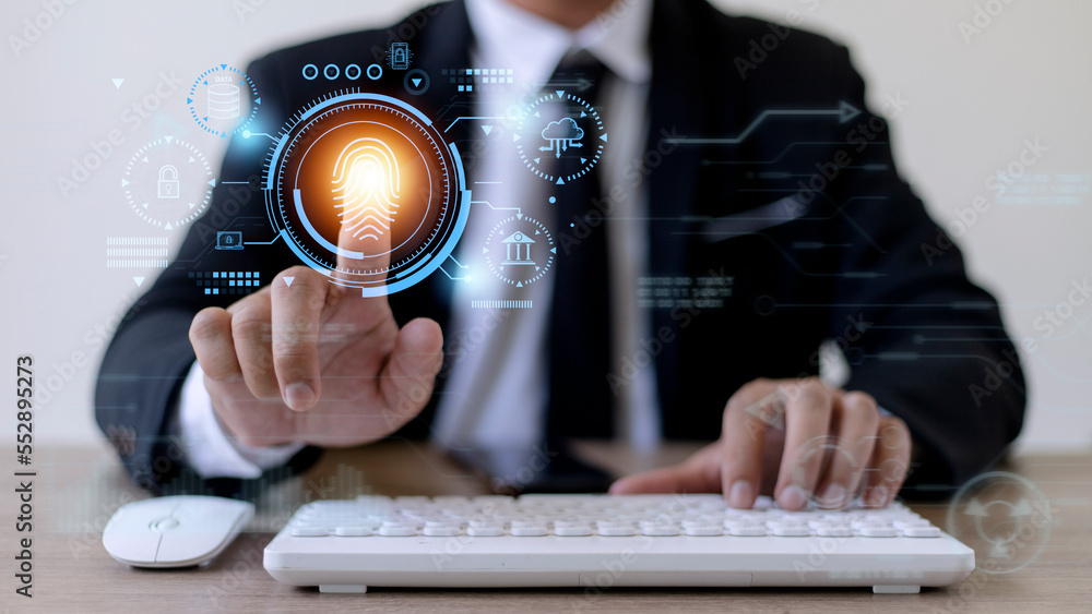 Poster security of future technology and cybernetics on the internet, finger scanning allows access to secu