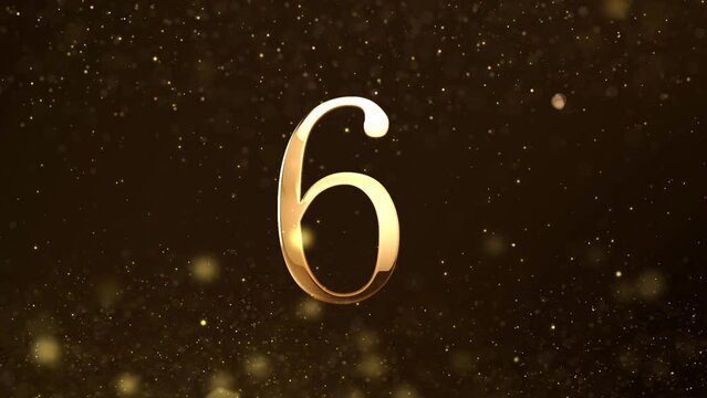 2023 New Year Top ten countdown glittering gold bright numbers from 10 to 1 seconds. New year's eve countdown to  with glittering gold particles and snow.