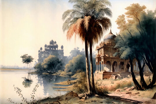 Vintage Wallpaper - Digital Landscape Painting Of Palm Trees And River Banks Of India With Ancient Temples -4