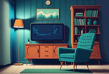 Background of contemporary living room with tv and cabinet and blue armchair made of dark blue concrete. Generative AI