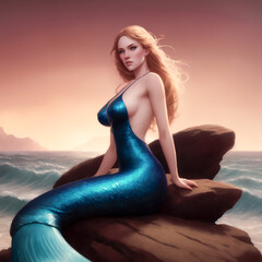 Modern mermaid in beautiful dress - obrazy, fototapety, plakaty