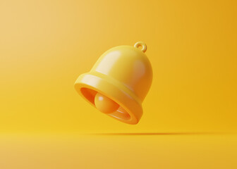 Obraz na płótnie Canvas Notification bell on a yellow background. Icon in cartoon design. 3D Rendering Illustration