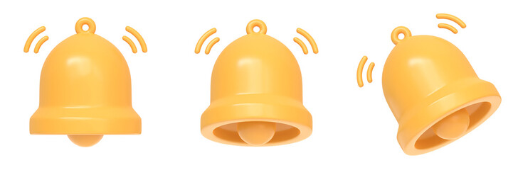 Notification bell isolated on a white background. Set icon in cartoon design. 3D Rendering Illustration