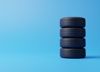 Fototapeta na wymiar Stack of car tires on a blue background. Concept of changing tires for seasonal, using tires on snow, ice. Replacing tires with summer or winter. 3D render 3D illustration