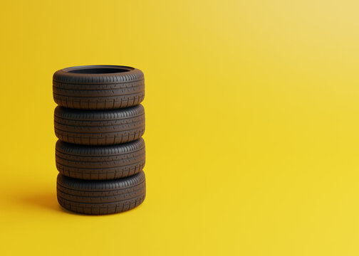 Stack of car tires on a yellow background. Concept of changing tires for seasonal, using tires on snow, ice. Replacing tires with summer or winter. 3D render 3D illustration