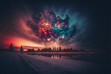 Fototapeta na wymiar Colorful Fireworks in big city, Christmas Celebrate landscape greeting Card, AI Generated, Artificial Intelligence