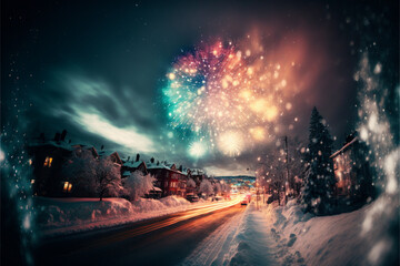 Colorful Fireworks in big city, Christmas Celebrate landscape greeting Card, AI Generated, Artificial Intelligence