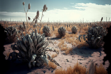 Dry field with dead crops as an effect of climate change. Created with Generative AI Technology