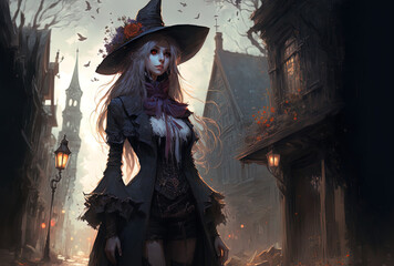Pretty witch standing in the street. Generative AI - obrazy, fototapety, plakaty