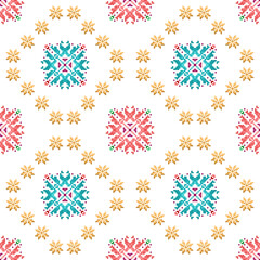 Ikat ethnic pixel art textile seamless pattern design. Aztec fabric carpet boho mandalas textile decor wallpaper. Tribal native motif ornaments African American folk traditional embroidery vector 