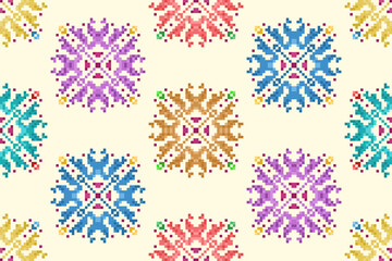 Ikat ethnic pixel art textile seamless pattern design. Aztec fabric carpet boho mandalas textile decor wallpaper. Tribal native motif ornaments African American folk traditional embroidery vector 