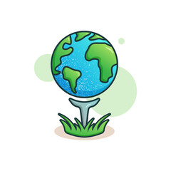 Cute adorable cartoon world golf ball stand game play illustration for sticker icon mascot and logo