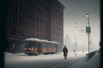 Człowiek stojący przed tramwajem w mieście zimą - obrazy, fototapety, plakaty