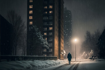 Mężczyzna idący przez zaśnieżone osiedle - obrazy, fototapety, plakaty