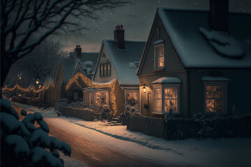 Małe, wiejskie domki zimą, stojące przy drodze