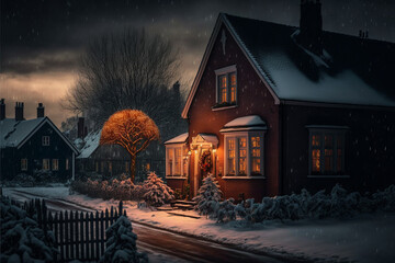 Dom w spokojnej okolicy przy zaśnieżonej drodze