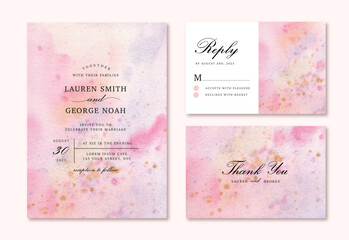 wedding invitation set with abstract pink watercolor background