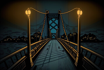 a nighttime high angle image of a lit suspension bridge. Generative AI