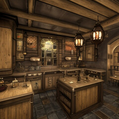 Generative AI illustration of a retro steampunk kitchen with an oven and stovetop