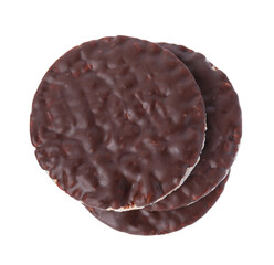 Puffed rice cakes with chocolate spread isolated on white, top view