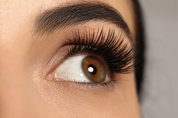 Beautiful young woman with long eyelashes on light background, closeup
