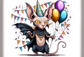 Funny sphynx cat celebrating carnival or Halloween with a black bat on a white background. Generative AI