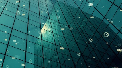 Business data analytic interface fly over smart city showing alteration future of business intelligence. Computer software and artificial intelligence are used to analyze big data for strategic plan .