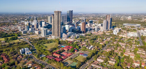 Naklejka premium Panoramic aerial drone view of Parramatta CBD in Greater Western Sydney, NSW, Australia showing development of the city as at December 2022