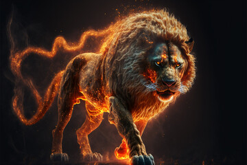 Epic cinematic portrait of a lion filled with equal parts mysterious smoke and ethereal fire