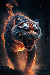 Epic cinematic portrait of a tiger filled with equal parts mysterious smoke and ethereal fire