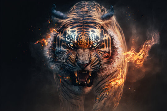 Epic cinematic portrait of a tiger filled with equal parts mysterious smoke and ethereal fire