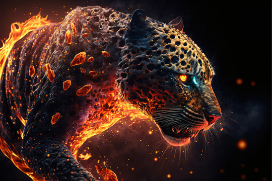 Epic cinematic portrait of a leopard filled with equal parts mysterious smoke and ethereal fire