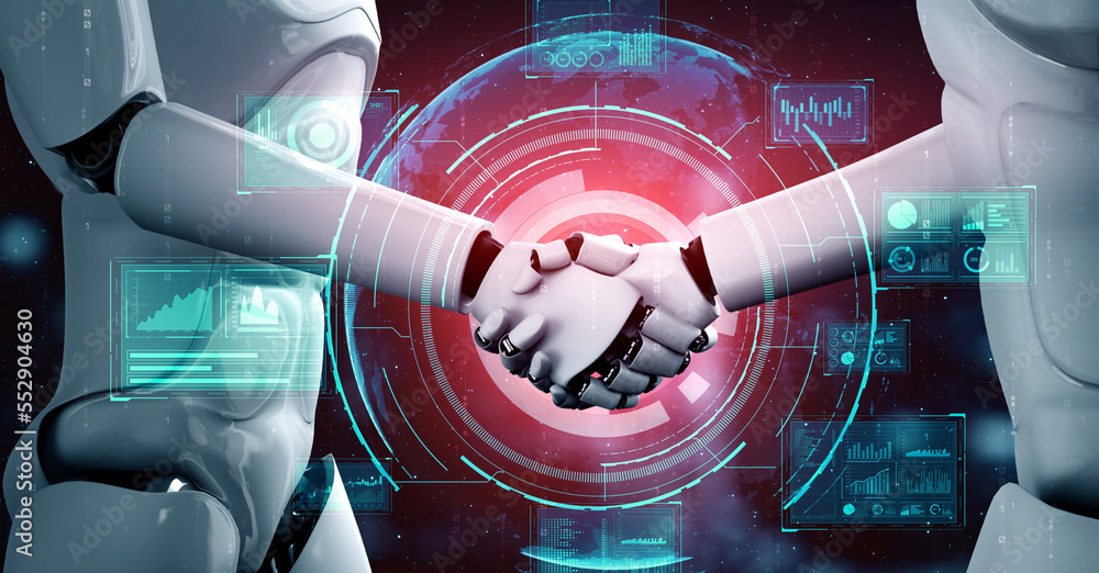 Poster 3d rendering hominoid robot handshake to collaborate future technology development by ai thinking br